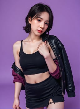 Urban style icon with short black bob wears fashionable crop top mini skirt and jacket outfit in purple photography set photo