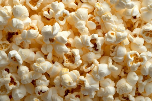 Close-up of popcorn kernels. A full view of many popped kernels photo