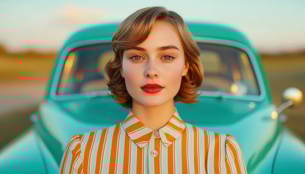 Chic Young Woman Leaning Against Vintage Car Outdoor Background with Copyspace photo