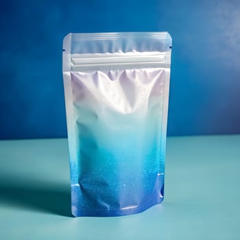 Shiny Stand Up Pouch With Zipper, Blue Gradient on Blue Background Studio Shot photo