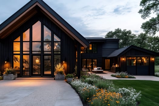 Modern black barn style house with large windows illuminating at dusk photo