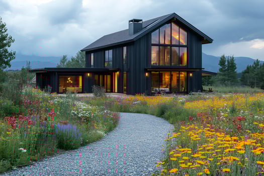 Modern black barn house surrounded by wildflowers at dusk with mountain view photo