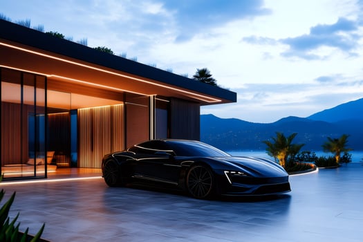 Black modern electric sports car parked in a luxury villa with sea view at sunset photo