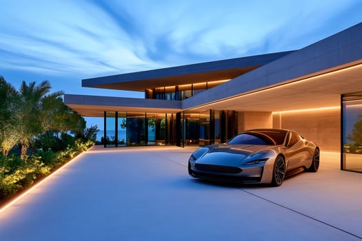 Modern luxury villa with electric sports car parked outside at dusk photo