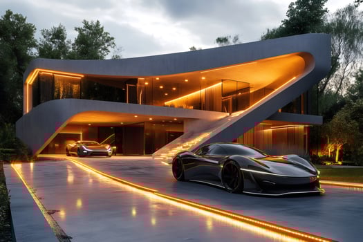 Modern luxurious villa with sport cars parked on a driveway at dusk photo