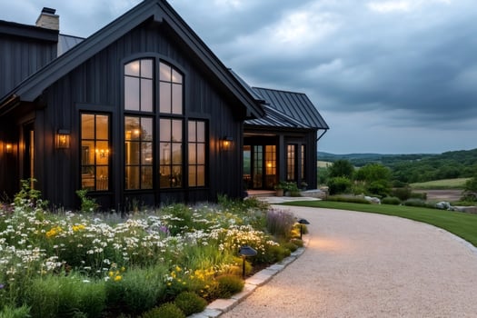 Modern black farmhouse with illuminated garden at dusk in the countryside photo