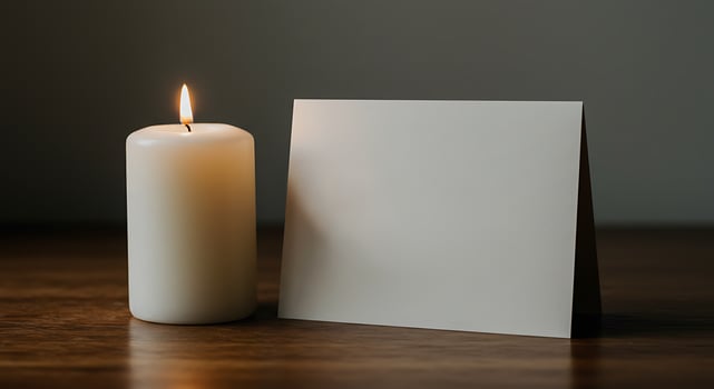 Lit Candle Beside Blank Card on Wooden Surface photo