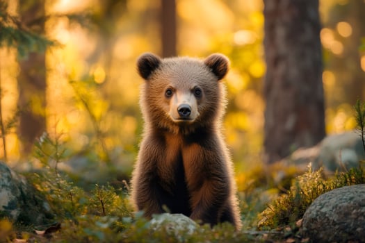 Brown bear cub sitting in forest during golden hour photo