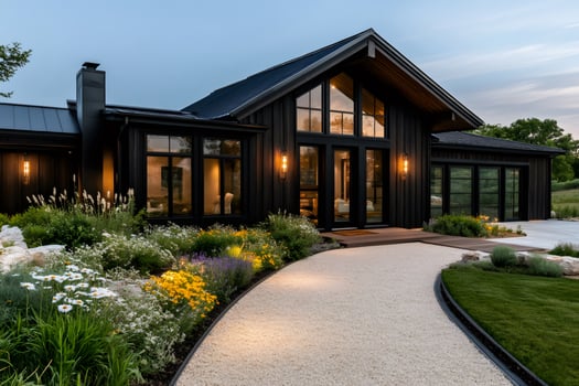 Modern black country house with illuminated gravel path and lush garden at dusk photo