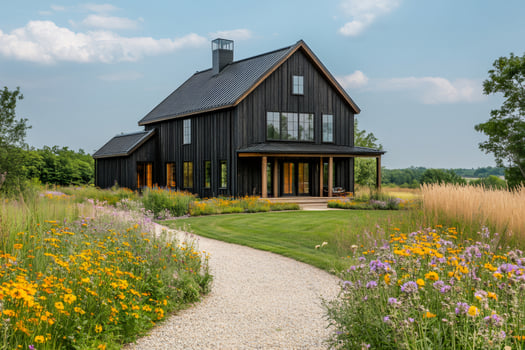 Modern black farmhouse with gravel driveway and wildflowers blooming in summer photo