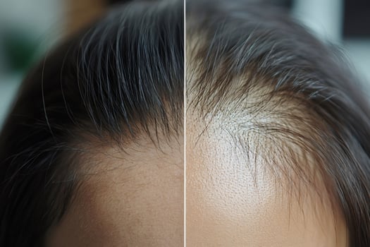 Woman showing scalp before and after hair treatment photo