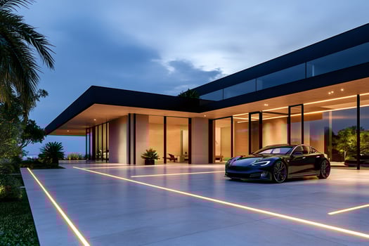 Modern luxury villa with electric car parked in driveway at dusk photo