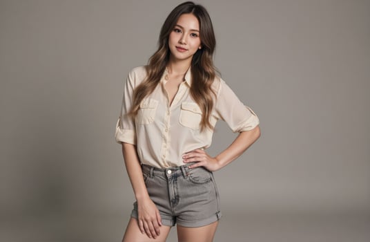 Radiant model with wavy hair wears stylish outfit white studio photo