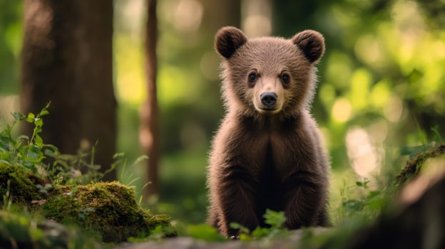 Brown bear cub sitting in the forest.. photo