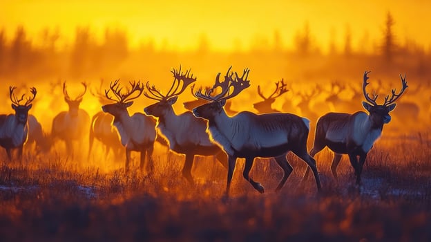 Reindeer herd walking during golden hour sunset photo