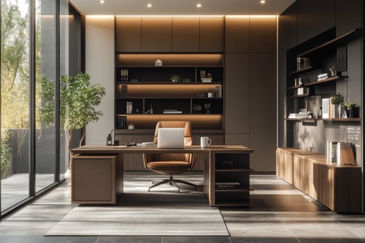 Modern luxurious home office interior with elegant desk and bookshelves photo