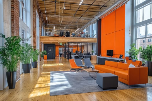 Modern open plan office interior design with orange accents and exposed brick photo