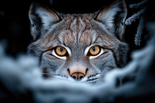 Eurasian lynx hiding in the snow with intense gaze photo
