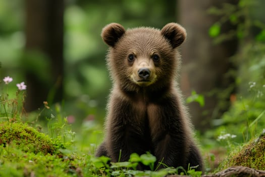 Brown bear cub sitting in green forest photo