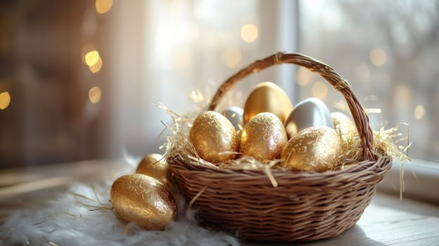 Golden and silver easter eggs nestling in a basket by the window photo