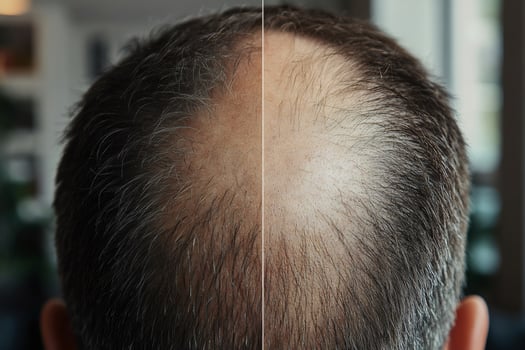 Man showing progress of hair loss treatment before and after photo