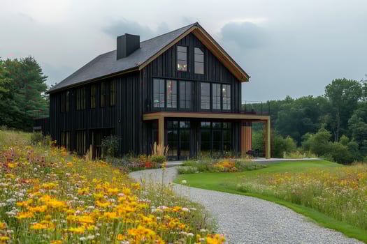 Modern black barn house with wildflower meadow and gravel driveway photo