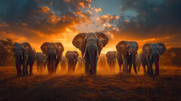 Elephant herd walking towards observer at sunset in african savanna photo