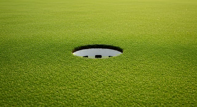 Golf Course Putting Green with Hole Close-up on Bright Green Grass photo