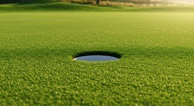 Golf Course Green with Hole Close Up at Sunset with Soft Lighting photo