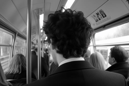A man in a suit and tie sitting on a train photo