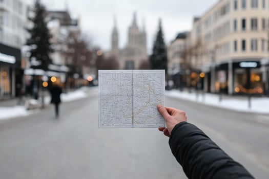 A person holding a map in front of a city street photo