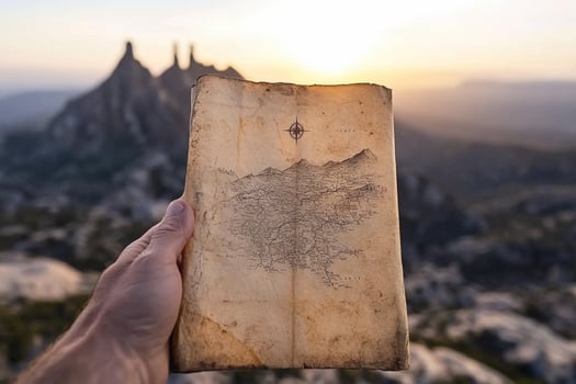 A person holding up a map with mountains in the background photo