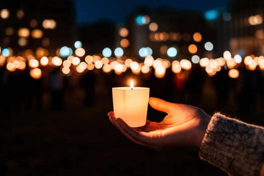A person holding a lit candle in front of a crowd photo