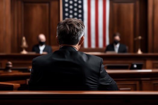 A man in a suit sitting in a courtroom photo