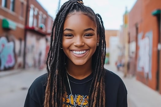 A smiling young woman with dreadlocks photo