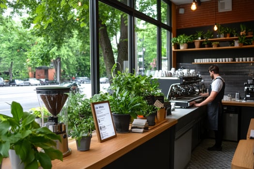 A man is standing at a counter in a coffee shop photo