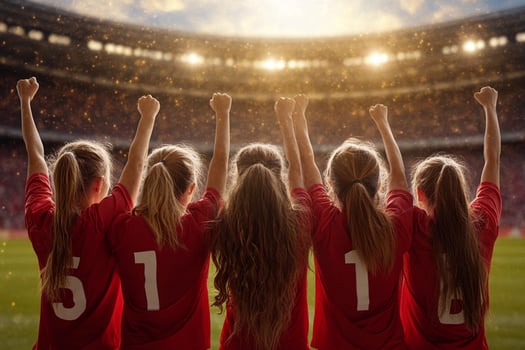 Four girls in red shirts standing on a soccer field photo