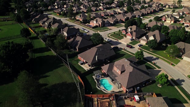 Cottages in a residential area of America. Drone . Sunny summer photo