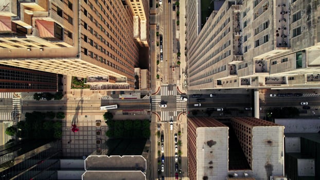 A bird's-eye view of an American city street. Summer day photo