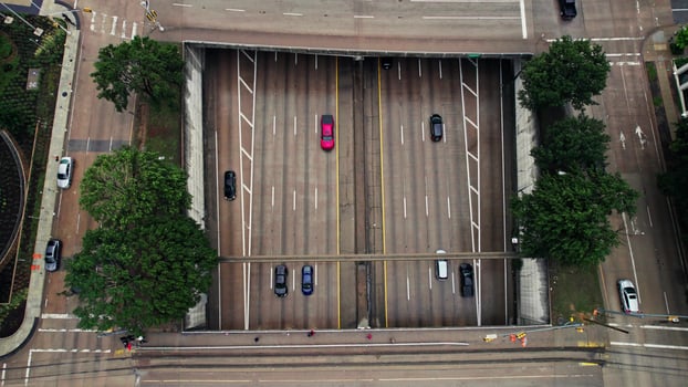 Bird's-eye view of the highway. Heavy traffic on the road. photo