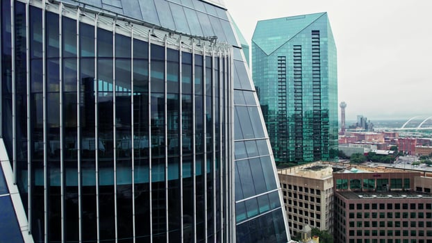 Texas, US, 2025 - Drone on the business center of the city. Glass skyscrapers of America, bird's-eye view. photo