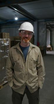 A man in a work uniform is smiling at the camera. He is in the factory warehouse photo