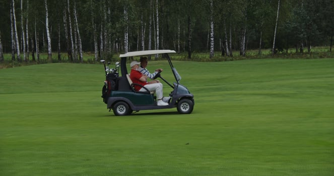 Side view of golf car driving through a golf course. Two men of European appearance are riding in an electric car, talking to each other photo