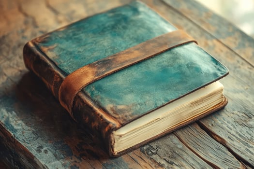 Vintage leather bound journal rests on table photo