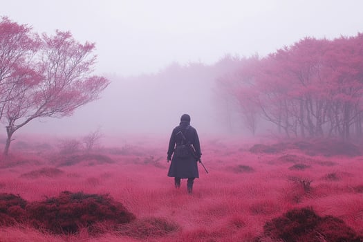A person standing in a field of pink grass photo
