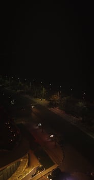 Cars with glowing headlights drive along the road of a resort town with palm trees on the roadside at night. Car traffic under the windows of the hotel. vertical . 4k , red komodo photo