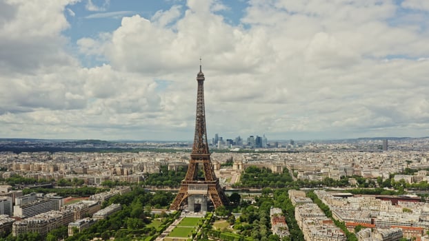 Drone horizontal panning view of the historic center of Paris with the Eiffel Tower in the foreground. France Paris historic photo