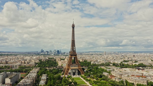 Drone horizontal panning view of the historic center of Paris with the Eiffel Tower in the foreground. France Paris photo
