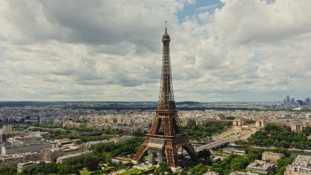 Drone horizontal panning view of the historic center of Paris with the Eiffel Tower and the Seine River in the foreground on a summer day. France Paris - center photo