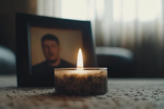 A candle sits on a carpet in front of a framed photo